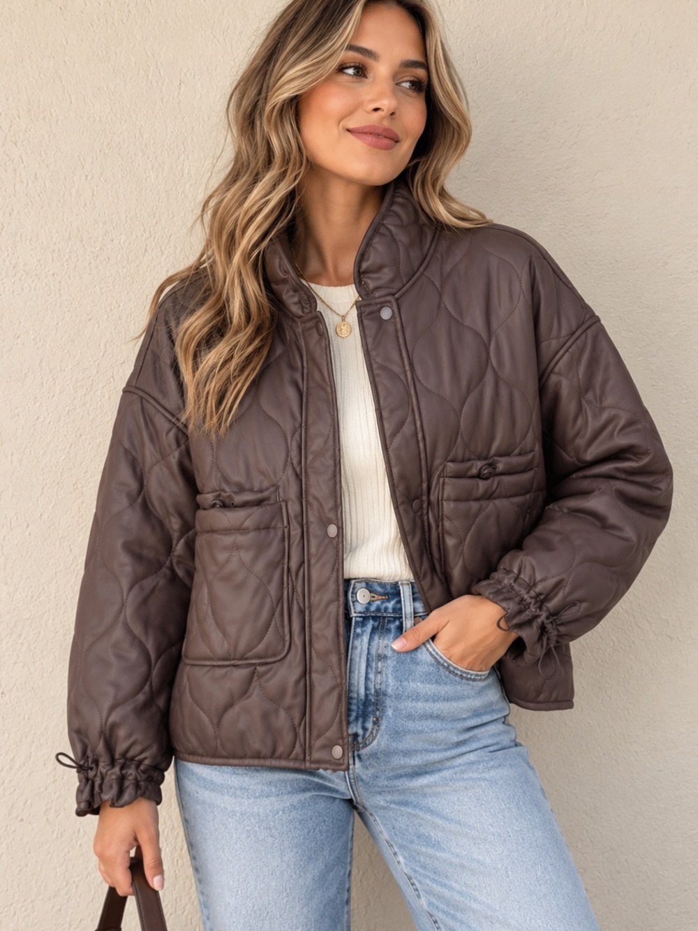 CISONO Chocolate Brown Quilted Zip Up Snap Front Crop Trendy Casual Jacket M